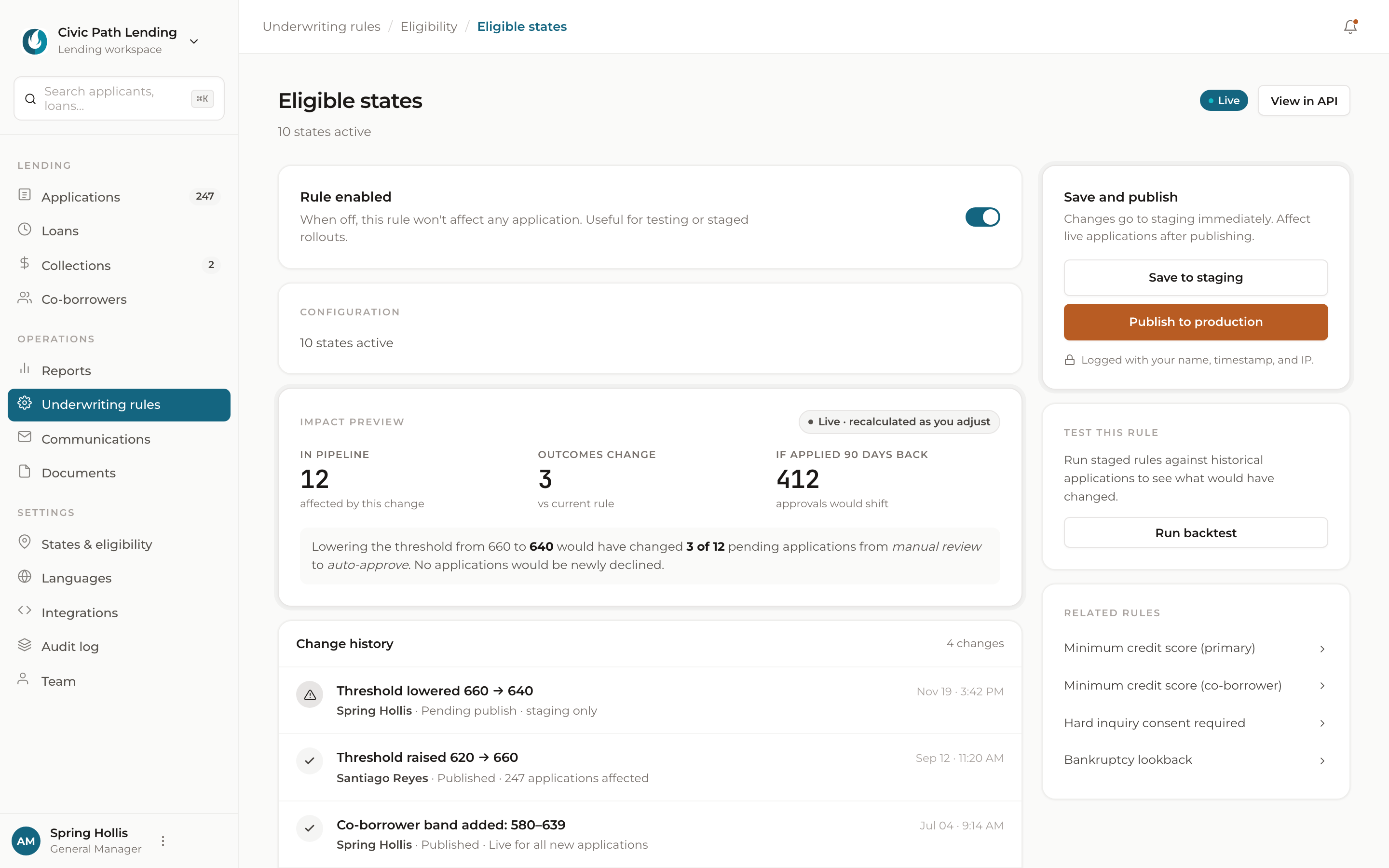 Configurable underwriting — Decision rules are versioned and buyer-adjustable.